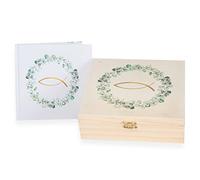 Logbuch-Verlag Scatola dei ricordi in Legno Color Beige + Libro degli Ospiti Color Bianco con Pesce eucalipto Battesimo Matrimonio Comunione