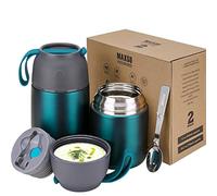 Logeeyar Thermos per Alimenti 2 Pezzi 500ml & 700ml, Contenitore Termico per Alimenti di Acciaio Inossidabile con Cucchiaio Pieghevole, Isotermico Sottovuoto per Cibi Caldi e Freddi(Verde)