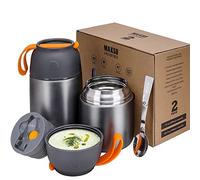 LOGEEYAR Thermos per Alimenti 2 Pezzi 500ml & 700ml, Contenitore Termico per Alimenti di Acciaio Inossidabile con Cucchiaio Pieghevole, Isotermico Sottovuoto per Cibi Caldi e Freddi(Grigio)