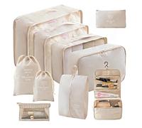 Logei Set di organizer per valigie, 10 pezzi, organizer per valigie, organizer da viaggio, organizzatore a cubi con tasche per vestiti, borsa per scarpe per valigia (beige)