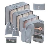 Logei Set di organizer per valigie, 10 pezzi, organizer per valigie, organizer per valigie, organizer da viaggio, organizzatore a cubi con tasche per vestiti, sacchetto per scarpe per valigia (grigio)