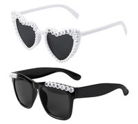 loghohu 2 paia di occhiali da sole per sposo e sposa, Just Married, occhiali a forma di cuore bianco con perle per donne, occhiali da sole quadrati neri per uomini, per matrimonio, festa, viaggio