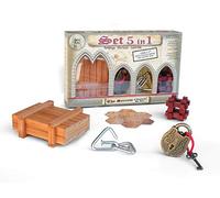 Logica Giochi - Set 5 in 1 - Set Rompicapo in Legno e Metallo - 2 Rompicapo in Legno + 2 in Ferro + 1 Matematico - Cofanetto da Regalo Serie Leonardo