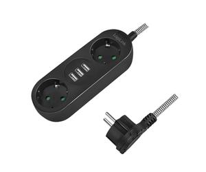 LogiLink LPS262U - Ciabatta elettrica a 2 + 3 prese con 2 prese CEE 7/3 e 3 porte USB-A (5V/3,2A 16W), con rivestimento in tessuto, IP20 e con protezione da contatto, colore: Nero