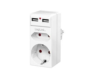 Logilink PA0276 - Adattatore per presa (connettore: CEE7/7) con presa di contatto di protezione (CEE7/3) + 1 presa europea (CEE7/16) + 2 USB-A