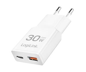 LogiLink PA0348 - Caricatore Dual USB GaN (nitruro di gallio), 1x USB-C (PD), 1x USB-A (QC), 30 W