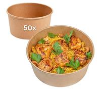 LogiPack GeRo 50 ciotole per insalata/coperchio, 1000 ml Ø150 mm x 75 mm di altezza, ideali per il trasporto di insalate e ciotole, in cartone marrone rotondo (ciotola)