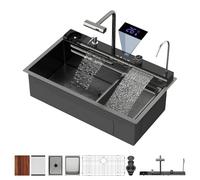 Logmey Lavello da cucina a cascata intelligente da 33 pollici con display digitale Purificatore d'acqua 33x19 Nano PVD nero goccia in lavello da cucina con rubinetto Combo 16 Gauge in acciaio