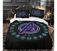 Logo degli Avengers copripiumino Set di 3 Pezzi ultra microfibra stampa 3D con federe per cuscini con cerniera Design luminoso al neon Set Di Copripiumino for ragazze e bambini Single（140x200cm）