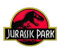 Logo Jurassic Park illuminato con logo al neon, bagliore rosso atmosferico nella