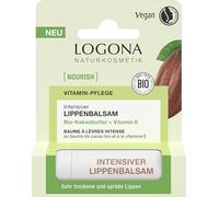 LOGONA Naturkosmetik Nourish, balsamo per labbra intenso, burro di cacao biologico, 4,6 g, con vitamina E e burro di cacao biologico, ingredienti vegani e naturali, per labbra molto secche e fragili