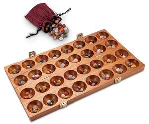 LOGOPLAY Hus - Bao - Kalaha - Gioco di fagioli - Gioco di conchiglie - Gioco di gemme in legno di samena con elegante chiusura in metallo dorato con pietre preziose