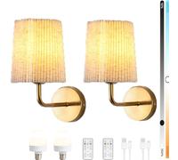 LOGT Lampada da Parete a LED Ricaricabile Senza Fili 2 Pezzi Oro Senza Collegamento Elettrico, Paralume in Tessuto Beige Applique Dimmerabile Telecomando con Funzione Timer Lanterna da Soggiorno