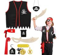 LOHAME 19pz Set di Accessori per Pirata Costume Pirata Bambini Accessori Costume Pirata-Legno Spada Pirata Gilet Sciarpa Benda Occhi Borsa Monete d’Oro-per Carnevale Spettacoli Travestimenti