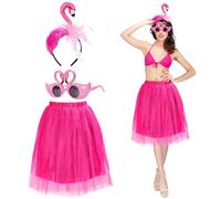 LOHAME 3pz Costume di Fenicottero da Donna Accessorio Costume Hawaiano Kit per Costumi da Gonna Hula-Cerchietto di Fenicottero Occhiali da Sole Gialli Tutu-per Tropicali Adulti Bambini Spiaggia Estate