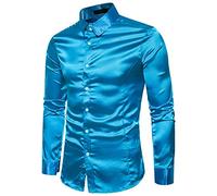 LOIJMK Camicia da uomo lucida, slim fit, in raso, a maniche lunghe, per il tempo libero, per il lavoro, in tinta unita, con risvolto, Blu, m