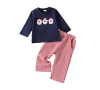 LOIJMK Children's Fall Cute Santa Printed Top Plaid Pants Set Tuta Bambino, Blu marino, 6-12 Monate