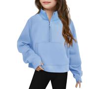 LOIJMK Felpa a mezza zip per ragazze, a maniche lunghe, per bambini, leggera, invernale, con cappuccio, Celeste., 7-8 Jahre