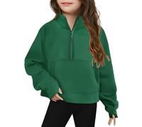 LOIJMK Felpa a mezza zip per ragazze, a maniche lunghe, per bambini, leggera, invernale, con cappuccio, verde, 5-6 Jahre