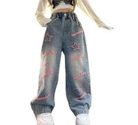 LOIJMK Girls' Versatile Jeans 2024 Autumn New Korean Version for Middle and Large Children Fashionable and Stylish Love Denim Wide Leg Pants Foderati Pantaloni Bambini, Colore: rosa., 12-13 Jahre