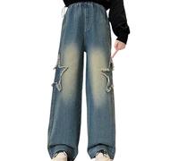 LOIJMK Jeans da ragazza larga, New Spring Summer and Autumn Styles for Middle and Large Children Retro Five Pointed Star Wide Leg Straight Pants Trendy and Cool Loose Casual Pantaloni per neonati, Blu