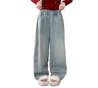 LOIJMK Jeans da ragazza Wide Leg Spring Summer and Autumn New Models for Middle and Large Children Retro Wide Leg Straight Pants Trendy Loose Casual Pantaloni Leggings 140, Azzurro, 7-8 Jahre