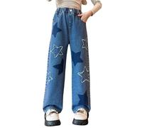 LOIJMK Jeans larghi da ragazza New Spring Summer and Autumn Styles for Middle and Large Children with Patch Five Pointed Star Wide Leg Straight Pants Trendy and Cool Loose Casual Pantaloni, Blu, 9-10