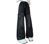 LOIJMK Jeans larghi da ragazza New Spring Summer and Autumn Styles for Middle and Large Children with Patch Five Pointed Star Wide Leg Straight Pants Trendy and Cool Loose Casual Pantaloni, Nero , 9