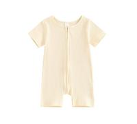 LOIJMK Lamuusaa - Tuta a maniche corte per neonati, ragazze e pagliaccetto a coste, tuta a maniche corte con chiusura lampo, per neonati, senza genere, bianco, 3-6 Monate