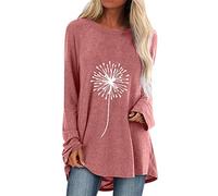 LOIJMK Maglietta a maniche lunghe da donna in cotone, girocollo, da donna, a maniche lunghe, elegante, casual, comoda, sportiva, con stampa a dente di leone, per il tempo libero, Colore: rosa., m