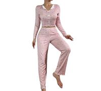 LOIJMK Pigiama da donna lungo - Pigiama da donna, set corto e lungo, elasticizzato, skinny crop top stampato, maglietta a gamba larga, 2 pezzi, bel pigiama per il tempo libero, 2 pezzi, Colore: rosa
