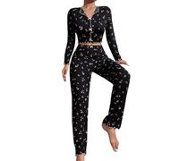 LOIJMK Pigiama da donna lungo - Pigiama da donna, set corto e lungo, elasticizzato, skinny crop top stampato, maglietta a gamba larga, 2 pezzi, bel pigiama per il tempo libero, 2 pezzi, Nero , m