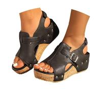 LOIJMK Sandali con zeppa, in pelle, vintage, da donna, suola in gomma antiscivolo, supporto per l'arco del piede, comodi sandali da trekking da donna, Nero , 37 EU