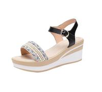 LOIJMK Sandali da donna con punta rotonda e strass, tacco a zeppa, suola spessa, scarpe da spagna romana, scarpe vintage da donna rosso, Nero , 38 EU
