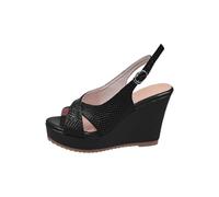 LOIJMK Sandali da donna con tacco a zeppa 2025 fibbia di una parola europea e americana con tacco alto spesso Scarpe nere da donna eleganti, Nero , 38 EU