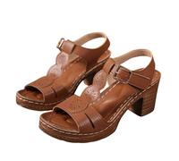LOIJMK Sandali da donna in stile romano, punta rotonda, tacco spesso, sandali da donna, fibbia con tacco alto intagliato, grandi sandali casual scarpe da donna larghezza H, marrone, 40 EU