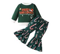 LOIJMK Vestito da bambina a maniche lunghe, con stampa a letter, con scritta in lingua tedesca "Candy Cane Flare Pants Christmas 2 pezzi, costume per bambini Halloween, verde, 12-18 Monate