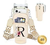 LOKASS Porta bottiglia d'acqua con cinturino per Stanley Cup 1,18 l, bicchiere con manico, iniziale personalizzata, borsa porta bottiglia d'acqua con tasca per telefono per accessori Stanley Cup crema