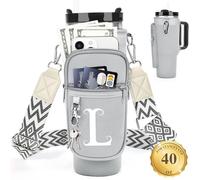 LOKASS Porta bottiglia d'acqua con cinturino per Stanley Cup bicchiere da 1,18 once con manico, iniziale personalizzata, borsa portabottiglie con tasca per telefono per accessori Stanley Cup grigio, L