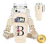 LOKASS Porta bottiglia d'acqua personalizzato con cinghia per accessori Stanley Cup da 1,18 l, borsa porta bottiglia d'acqua con iniziale con tasca per telefono, da donna, ideale per il Ringraziamento