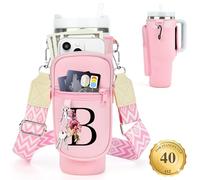 LOKASS Portabottiglie con cinghia per Stanley Cup 1,18 l, bicchiere con manico, iniziale personalizzata, borsa porta bottiglia d'acqua con tasca per telefono per accessori Stanley Cup rosa B