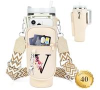 LOKASS Portabottiglie con cinghia per Stanley Cup 1,18 l, bicchiere con manico, iniziale personalizzata, borsa porta bottiglia d'acqua con tasca per telefono per accessori Stanley Cup Cream V