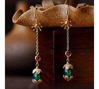 LOKILOKI Nuovi Eleganti Orecchini Pendenti da Donna, Orecchini A Battente Vintage con Pietre Rosse Lunghi, Nuovi Orecchini Etnici in Pietra Verde Naturale