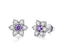 LOKILOKI Orecchini A Bottone in Cristallo Viola con Fiore in Argento Sterling 925 di Alta qualità Moda Cz per Regalo Gioielli da Sposa da Donna