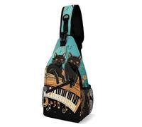 LOKLNEYK Borsa a tracolla casual con quattro gatti neri sdraiati sul pianoforte tastiera a tracolla zaino per escursioni all'aperto viaggi