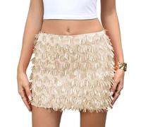 LOKLNEYK Gonna Paillettes Donna Elegante con Paillettes Corta Colorato Gonna Natale Natalizia Minigonna Mini Plissettata 80s Tutu Sottogonna Tulle 2#Beige L