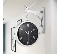 LOKLNEYK Orologio da parete sospeso bifacciale di ispirazione vintage - rotondo della stazione ferroviaria con supporto laterale a scorrimento Rotazione 360 gradi Decorazioni for la casa(Black)