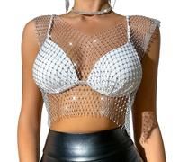 lokxmve Maglia da donna con glitter in rete trasparente, top da donna, con strass, in rete lucida, per il corpo, per discoteca, carnevale, feste, festival, bianco, M