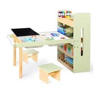 LOL-FUN Tavolo per bambini con 2 sedie per età 3-8, scrivania e sedie per bambini, set con scatole e scaffali, tavolo artistico sensoriale con lavagna bianca