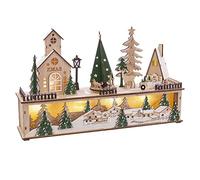 LOLAhome Figura di Natale Paesaggio con Luce e Suono in Legno Verde 45x10x27 cm